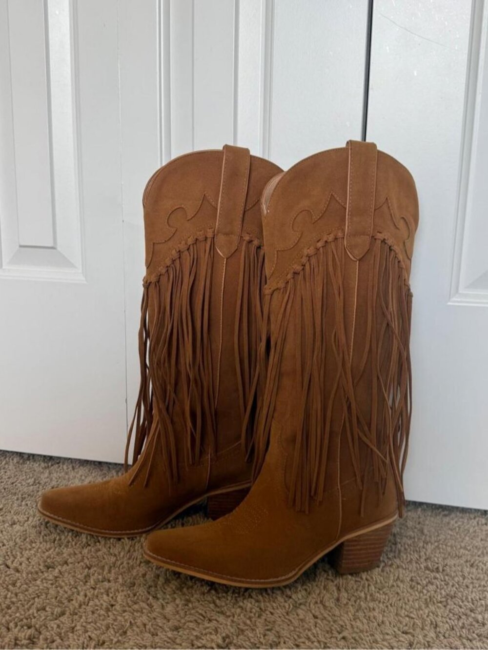 Brown suede fringe cowgirl boots